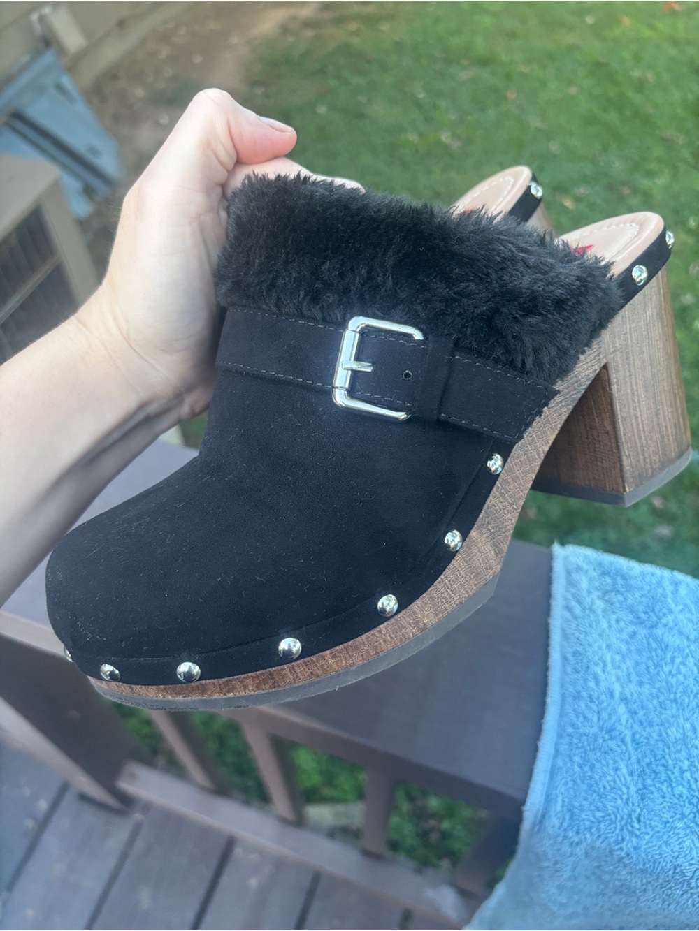 Y2K unionbay Black Faux-Fur Suede Clog Mules with Studded Wood Heel - Women's